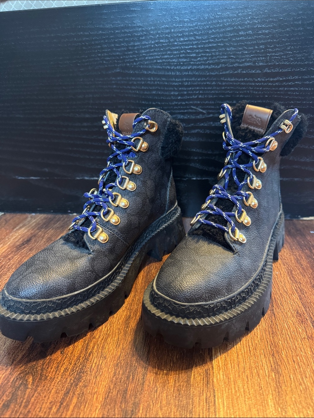 Coach Janel Black Lace-Up Platform Boots with Blue Laces